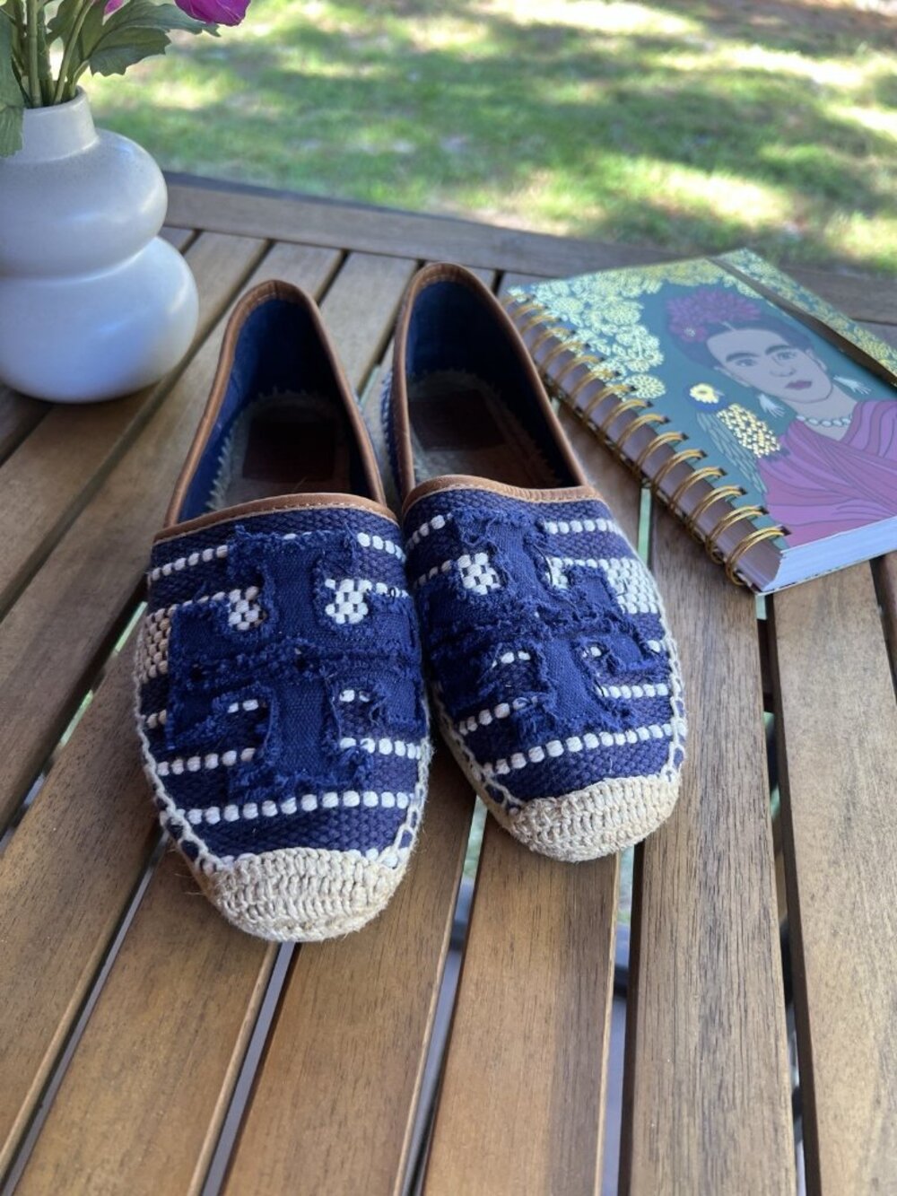 Tory Burch Shaw Logo Canvas Espadrilles Navy White Women’s US 6 - Picture 4 of 11